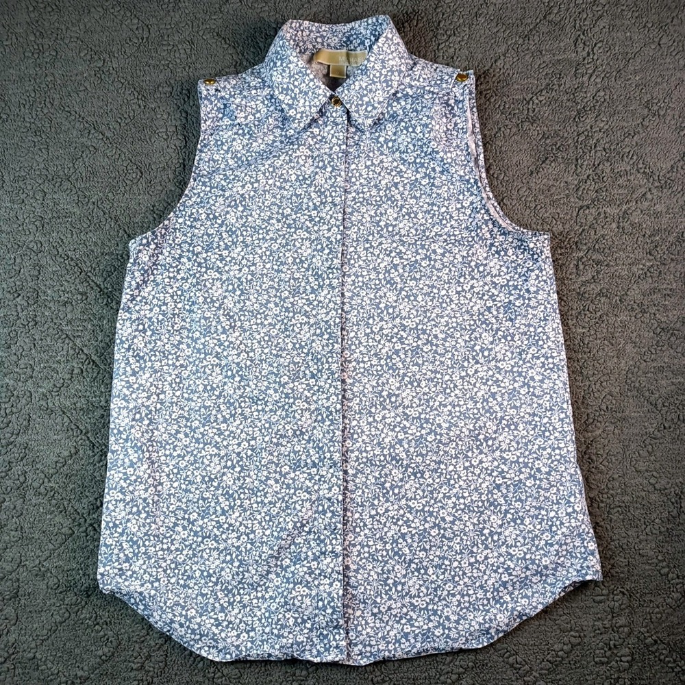 Michael Kors Women's Size M Blue White Floral Sleeveless Button Down Shirt Top